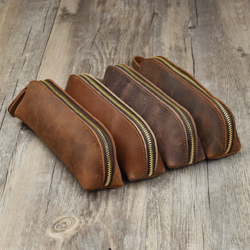 Head layer cowhide leather handmade pencil and pen organizer zipper glasses case