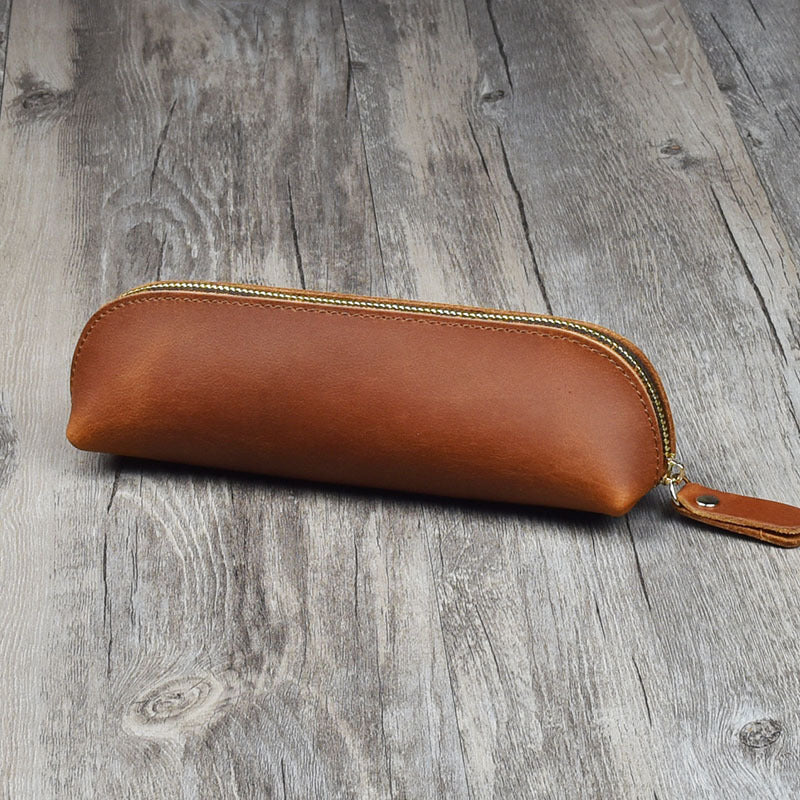 Head layer cowhide leather handmade pencil and pen organizer zipper glasses case