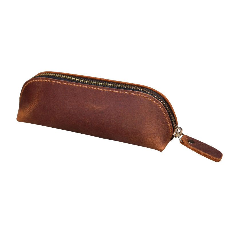 Head layer cowhide leather handmade pencil and pen organizer zipper glasses case