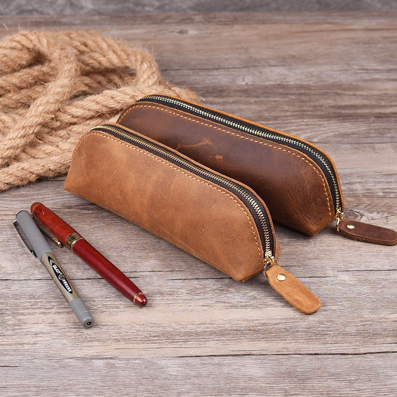 Head layer cowhide leather handmade pencil and pen organizer zipper glasses case