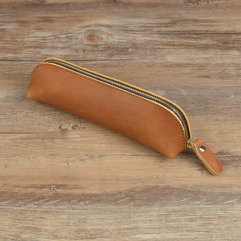 Head layer cowhide leather handmade pencil and pen organizer zipper glasses case