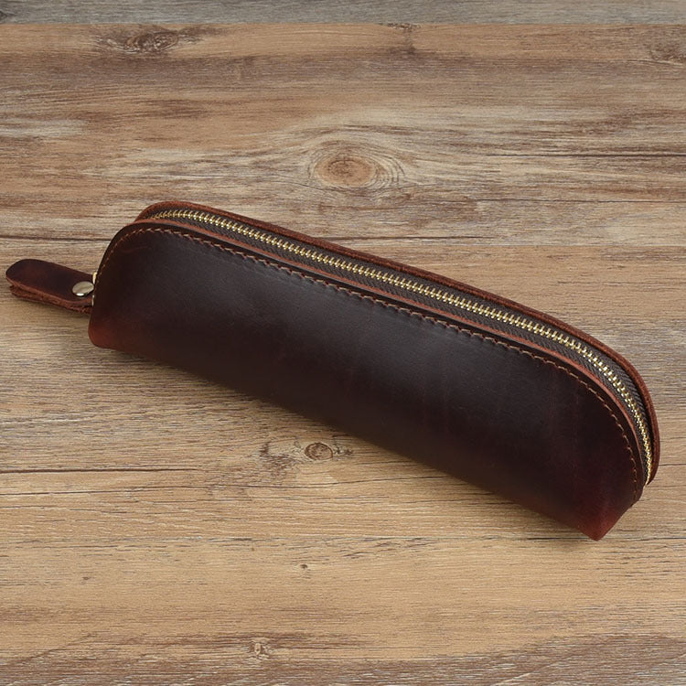 Head layer cowhide leather handmade pencil and pen organizer zipper glasses case