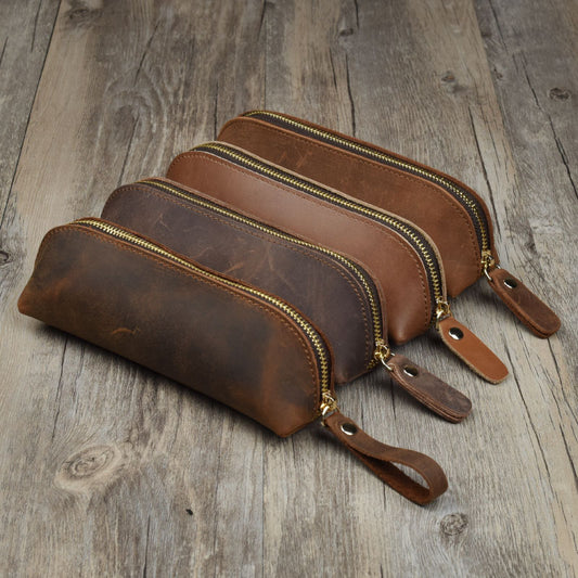 Head layer cowhide leather handmade pencil and pen organizer zipper glasses case